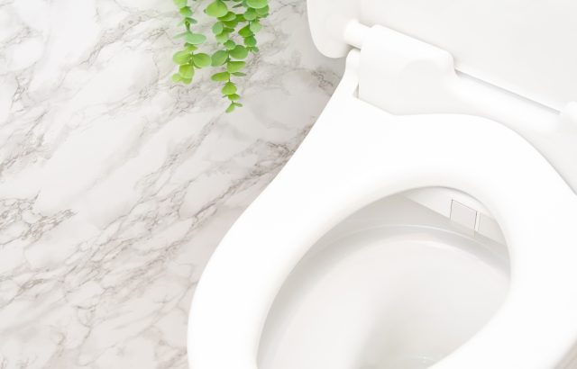 モダンなバスルームに白い大理石の壁と白いトイレがある。